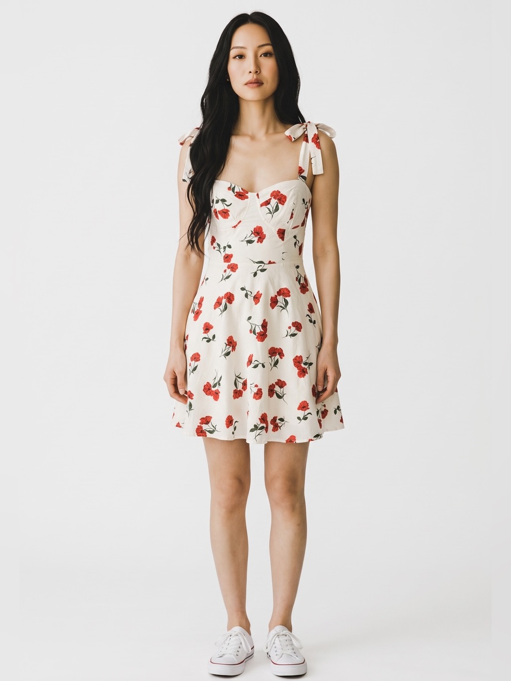 Tie-Shoulder Mini Dress in White with Red Floral Print